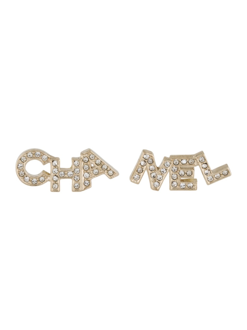 CHANEL “CHA NEL” Gold Crystal Logo Earrings - Gold